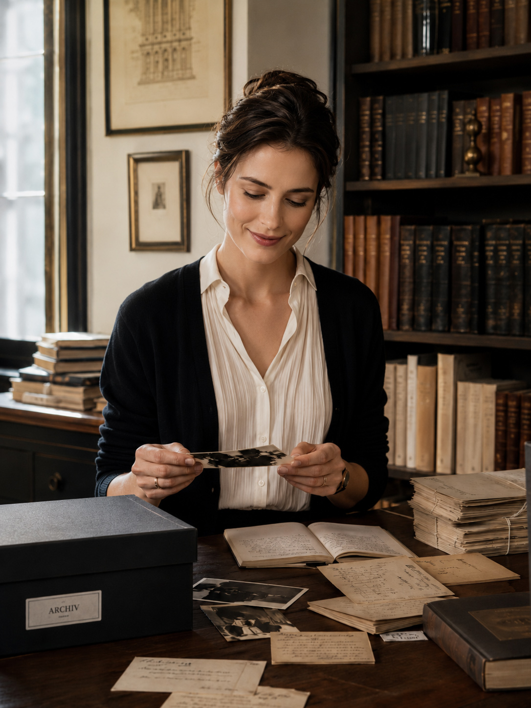 Archiviste consultant des documents d’archives avec un sourire naturel