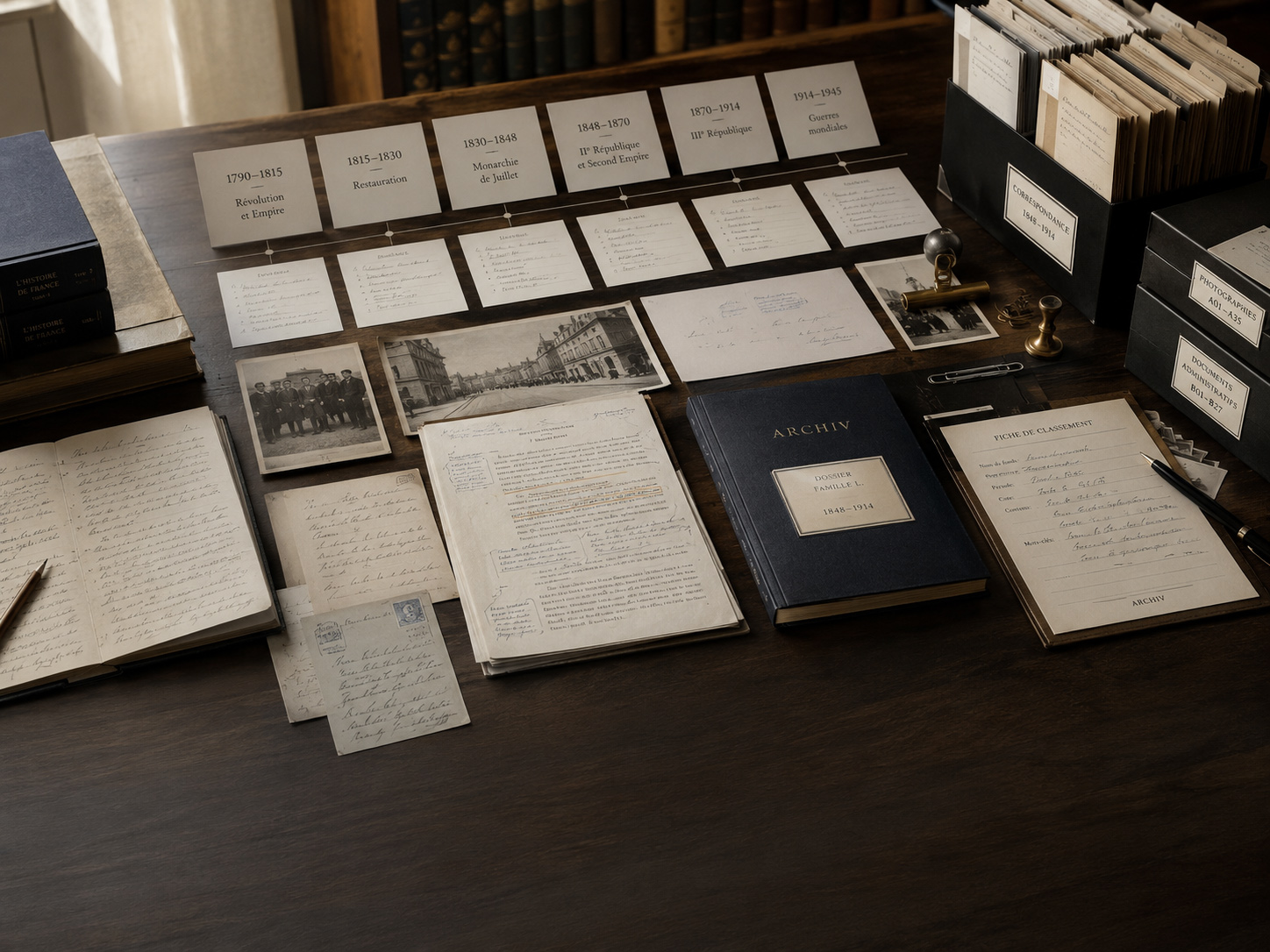 Fiches chronologiques, documents annotés et archives classées par période